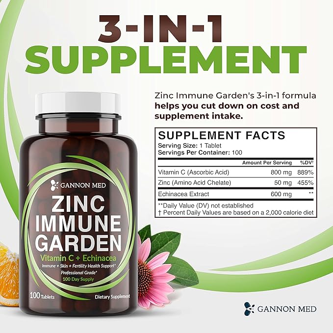 Chelated Zinc 50mg Immune Garden Vitamin C 800mg Zinc Supplements Echinacea 600mg/Tablet - Immunity + Skin + Reproductive Health Minerals, Zinc Chelate Immune Booster for Kids & Adults