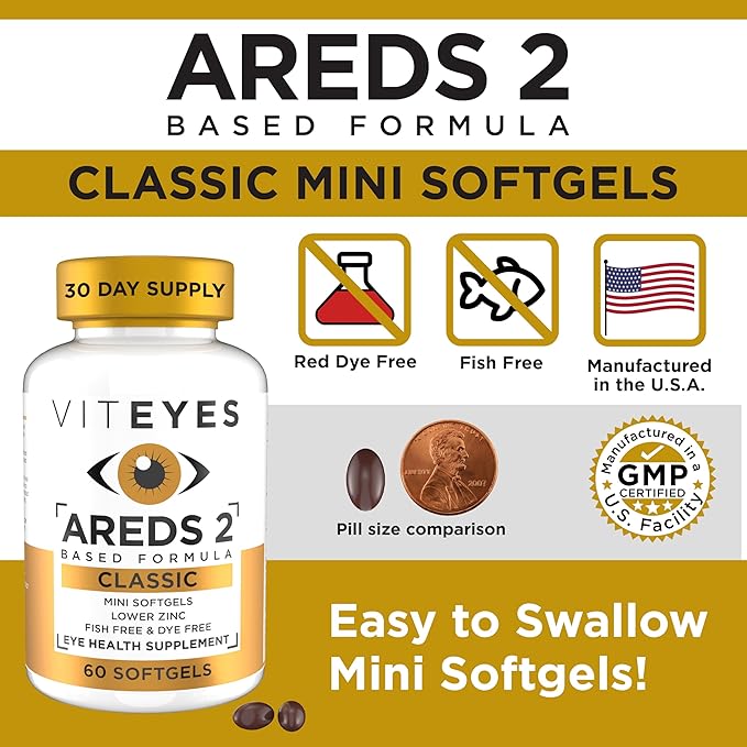 Viteyes AREDS 2 Classic Macular Health Formula Softgels, Eye Health Vitamin for Vision Protection, Lower Zinc, Eye Vitamins, Macular Vitamins, Beta-Carotene Free, 60 Softgels