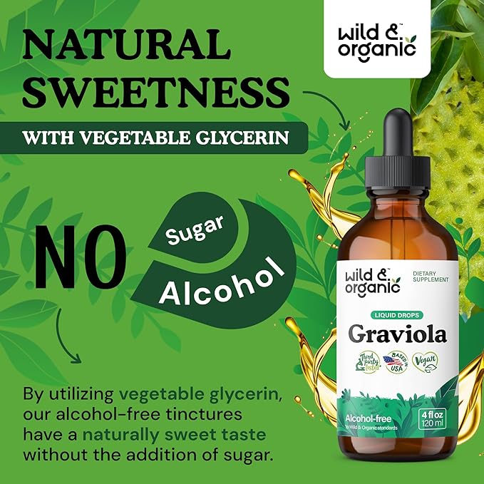 Wild & Organic Graviola Soursop Multivitamin Drops - 500 mg Guanabana Fruit & Soursop Leaves for Antioxidant Support - Vegan, Sugar & Alcohol-Free Tincture - 4 fl oz