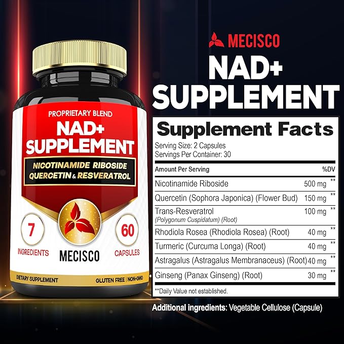 NAD+ Supplement with Nicotinamide Riboside w/Quercetin, Resveratrol, Turmeric, Rhodiola Rosea, Astragalus - 60 Count