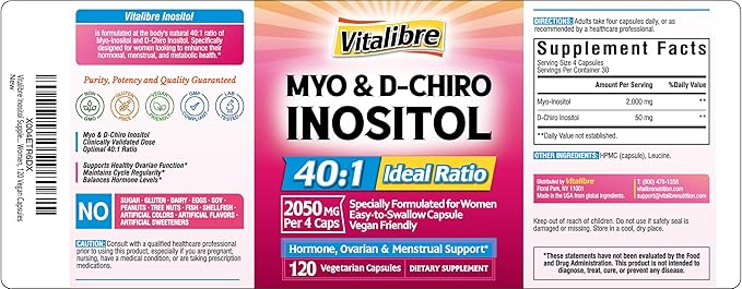 Inositol Supplement, Myo-Inositol & D-Chiro Inositol Fertility Supplements for Women, 40:1 Ideal Ratio, Hormone Balance and Ovarian Support, 120 Vegan Capsules
