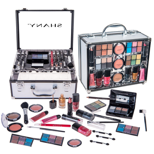 Shany Carry All Trunk Makeup Train Case With Re-Usable Aluminum Makeup Storage Case. Non Toxic Color Make Up Set With Eye Palett