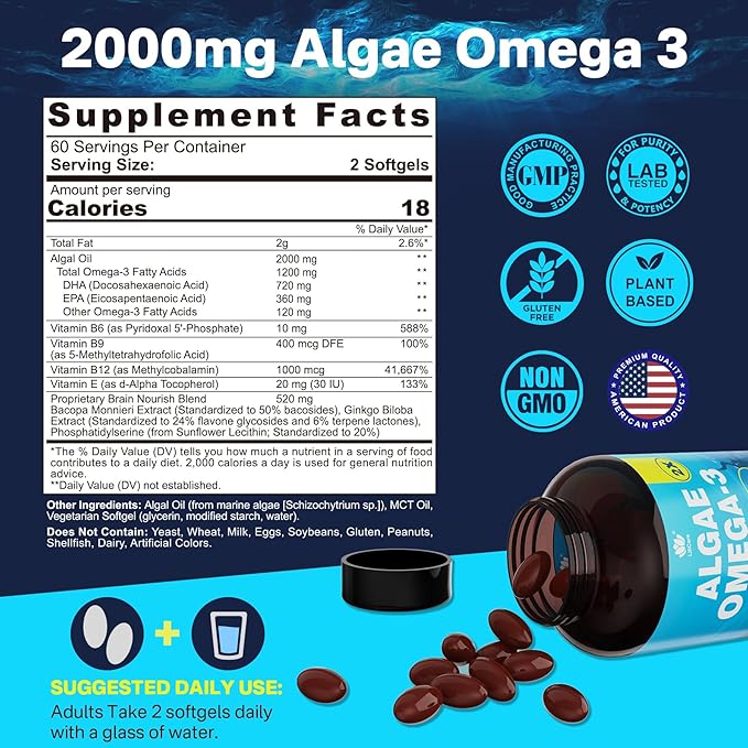 Liposomal Vitamin C 1000mg +Plant-Based Algae Omega 3 1200mg Supplement