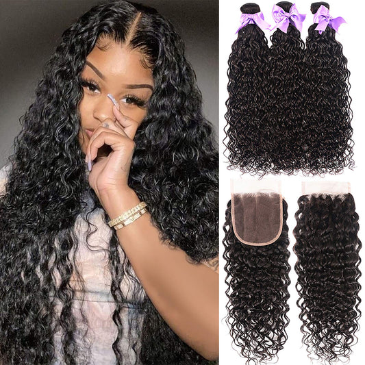 Laritaiya Water Wave Bundles With Closure Human Hair (18 20 22+16) Wet And Wavy Human Hair 3 Bundles With Closure 100% Unprocess