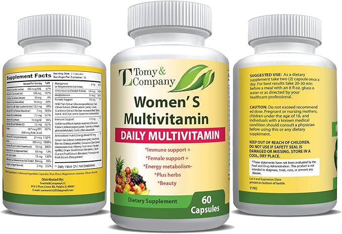Tomy & Company Gluten-Free Vegetarian Women's Multivitamin with Zinc, B6, B12, Biotin and More - Hair, Skin & Nails, Bone Health, Immune Support, Women's Daily Vitamin Supplements Capsules