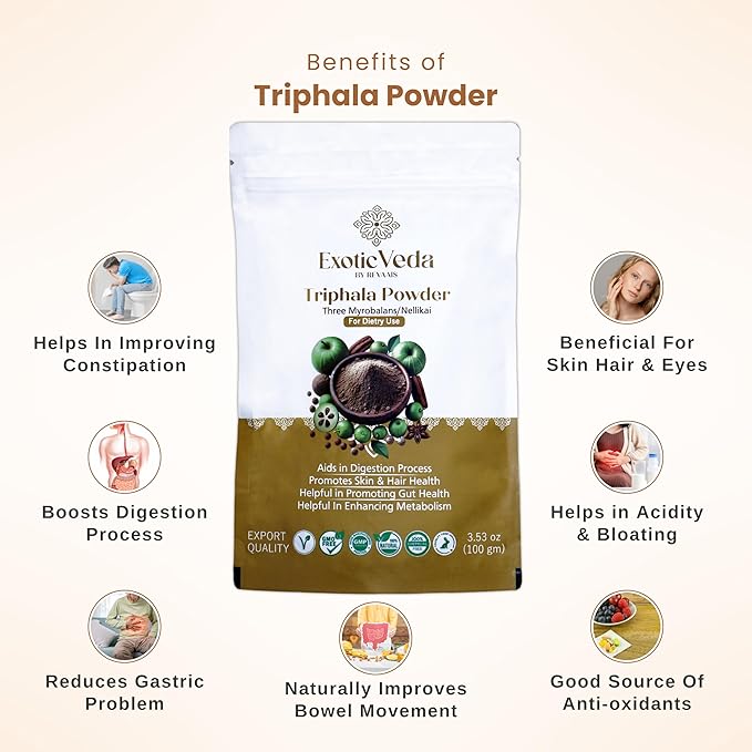 Organic Triphala Powder - Detox Cleanse for Lung, Liver, Colon, and Gut Health - Herbal Skin Care and Fiber Powder - Detox Ghrita and Triphala Organic India - 100g