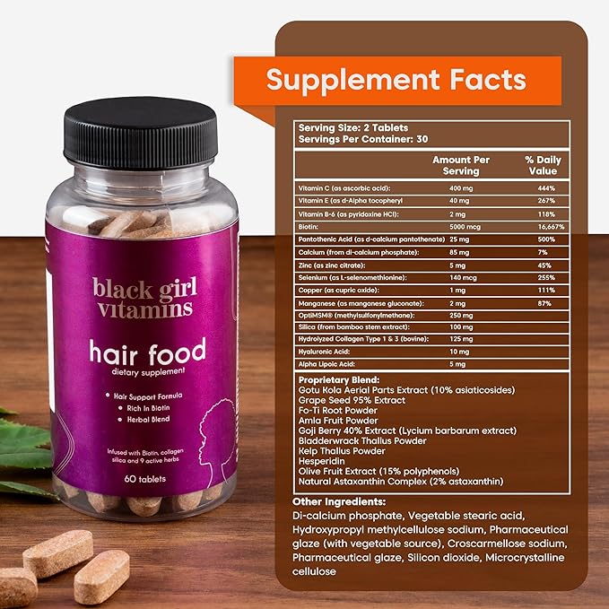 Black Girl Vitamins - Hair Food Biotin Supplement with Collagen for Hair Growth Support, Vegan, Gluten-Free, 60ct