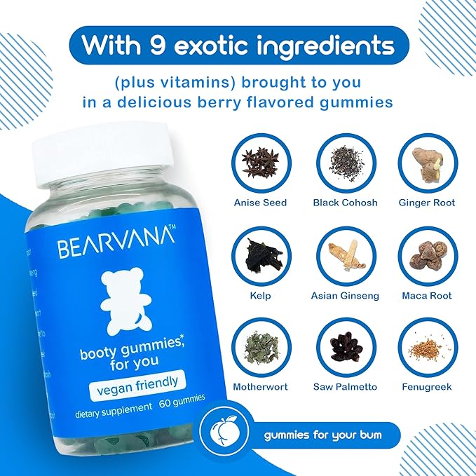 BEARVANA Peach Support Gummies for Women | Fitness Supplement | Boost Confidence | 9 Herbal Extracts Including Maca Root, Fenugreek and Ginger Root | Essential Vitamins | Berry Flavor | 60 Gummies