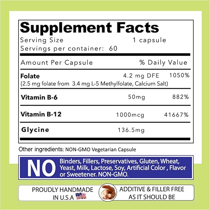 Our Daily Vites L-Methylfolate B Complex Cofactors & Essential Amino Acids (2.5mg) - Active Folate, Methylated B12 Methylcobalamin, B6 and Glycine - 60 Count