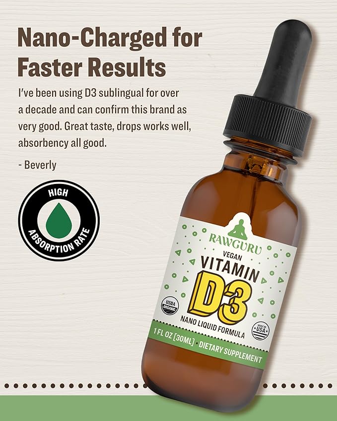 RawGuru Organic Vitamin D3 Complex - Vegan Vitamin D3 with Trace Minerals - Nano-Processed Immunity Boost & Cognitive Supplement Tincture - 30 Servings of Vegan Drops per 30 ml, Pack of 1