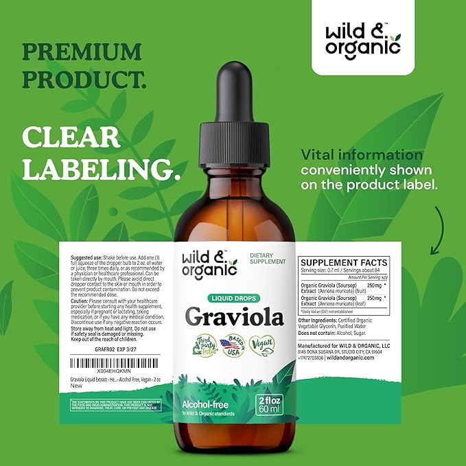 Wild & Organic Soursop Graviola Liquid Drops - Guanabana Leaves & Soursop Fruit Tincture for Antioxidant Support - Graviola Leaf Extract Supplement - Vegan, Sugar & Alcohol-Free - 2 fl oz