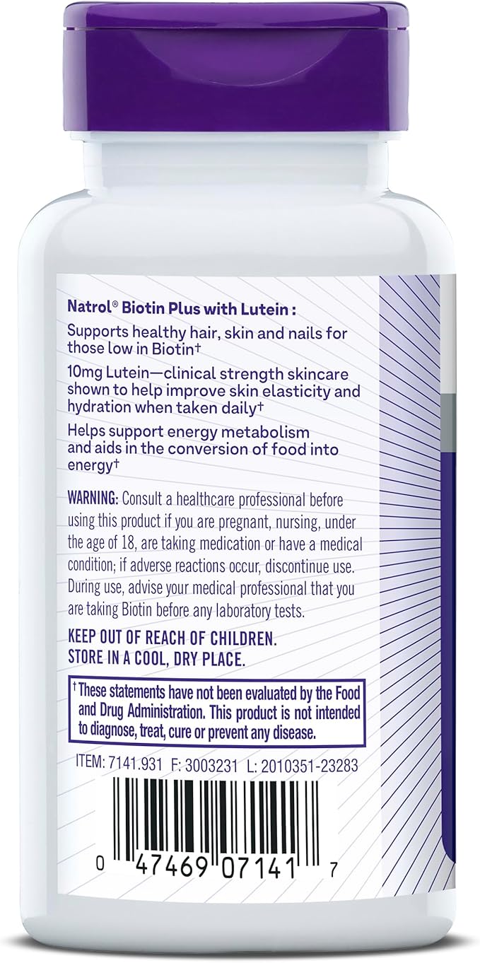 Natrol Beauty Biotin Plus Lutein 5,000 mcg, Dietary Supplement to Support Healthy Hair, Skin and Nails, 60 Beauty Tablets for Adults, 60 Day Supply