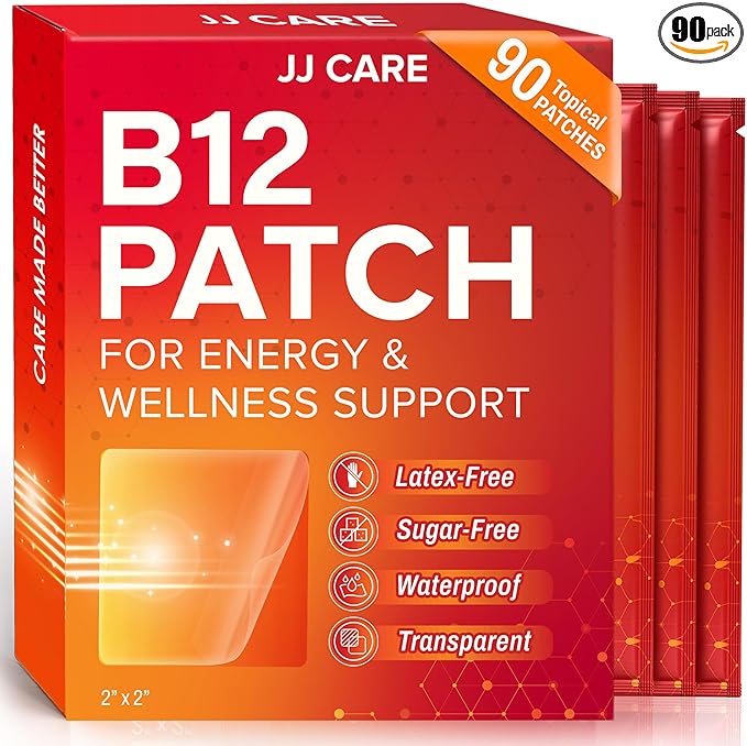 JJ CARE B12 Patch (Pack of 90), Self-Adhesive Natural Blend Topical Daily B12 Energy Patches, 3 Months Supply