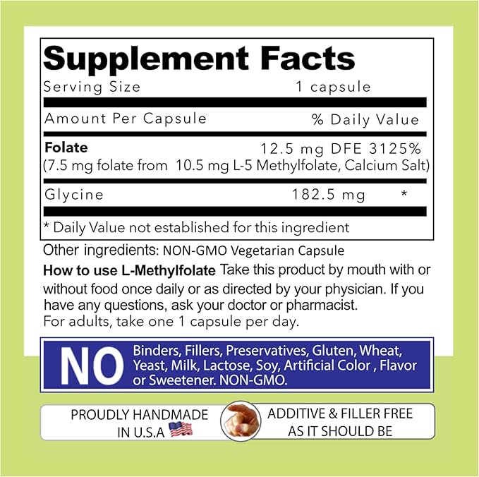 Our Daily Vites L-Methylfolate 7.5 mg / 7500 mcg Maximum Strength Active Folate, 5-MTHF, Filler Free, Gluten Free, Non-GMO, Vegetarian Capsules 90 Count (3 Month Supply) (90)