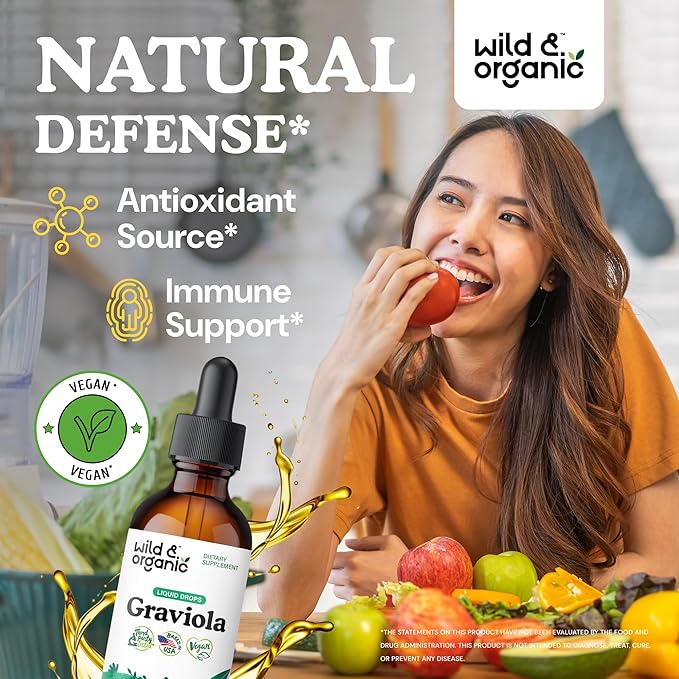 Wild & Organic Soursop Graviola Liquid Drops - Guanabana Leaves & Soursop Fruit Tincture for Antioxidant Support - Graviola Leaf Extract Supplement - Vegan, Sugar & Alcohol-Free - 2 fl oz