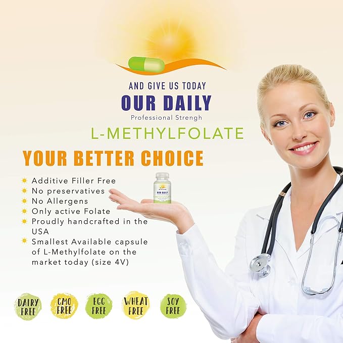 Our Daily Vites L-Methylfolate 7.5 mg / 7500 mcg Maximum Strength Active Folate, 5-MTHF, Filler Free, Gluten Free, Non-GMO, Vegetarian Capsules 90 Count (3 Month Supply) (90)