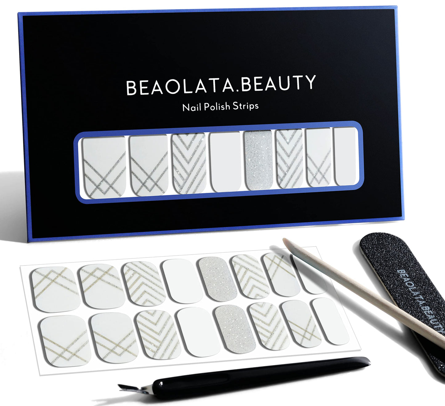 Beaolata Nail Polish Strips, 32PCS Salon Quality Wraps, Long Lasting Gel Nail Stickers for Women Easy Apply& Remove (Silver&line)