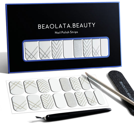 Beaolata Nail Polish Strips, 32PCS Salon Quality Wraps, Long Lasting Gel Nail Stickers for Women Easy Apply& Remove (Silver&line)