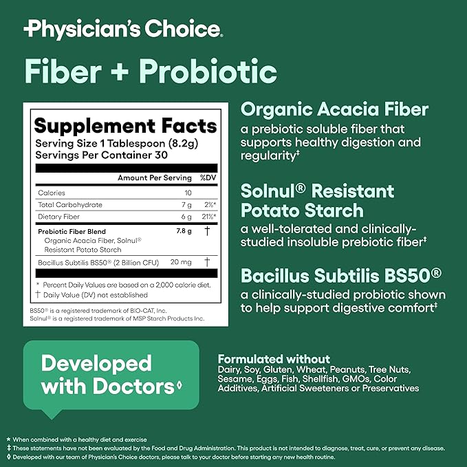 Physician's CHOICE Fiber & Probiotic Powder - Supports Regularity, Bloating, Gas, & Digestive Health - Organic Prebiotic - Sugar Free Fiber Supplement for Women & Men - Unflavored - 8.7oz