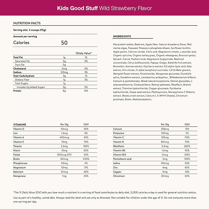 Nuzest - Kids Good Stuff - Vegan Smoothie Mix - Wild Strawberry - Multivitamin Nutritional Supplement Protein Shake - Dairy Free - Supporting Growth and Development - 225g/ 7.9 oz (15 Servings)