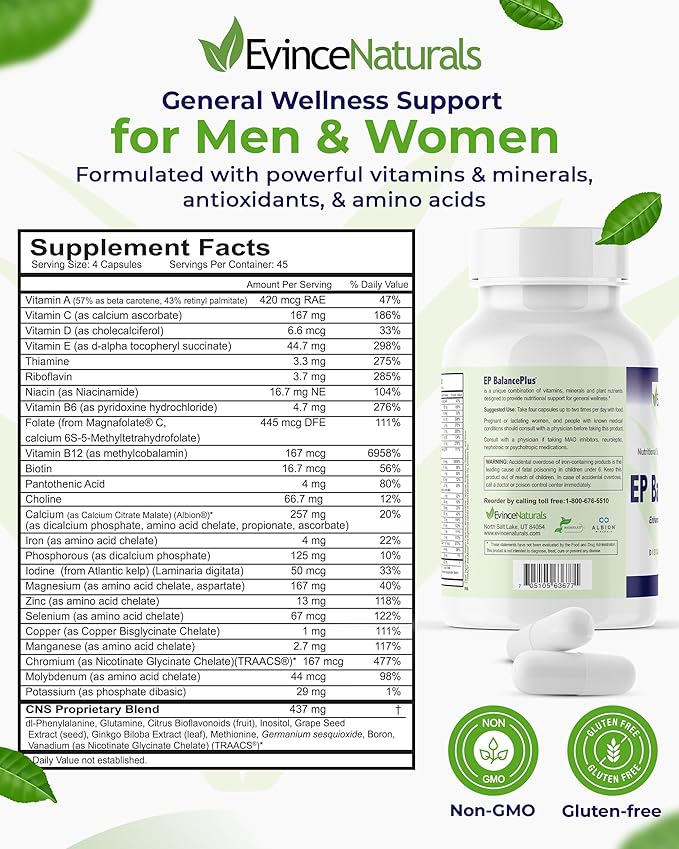 EP BalancePlus Multivitamin for Adults - Multivitamin for Men & Women with Vitamins and Minerals - Methyl Folate & Amino Acids for Nutritional Support - General Wellness Supplement, 180 Capsules