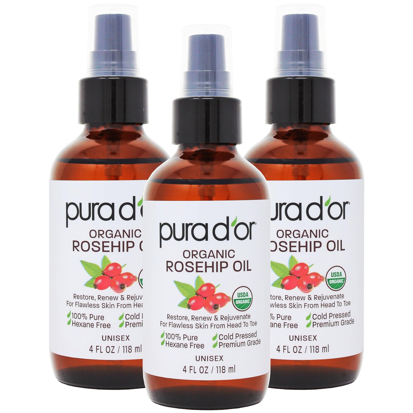 Pura D'Or Organic Rosehip Seed Oil Hair Relaxer (4 Oz X3 = 12 Oz) 100% Pure Cold Pressed Usda Certified All Natural Anti-Aging,