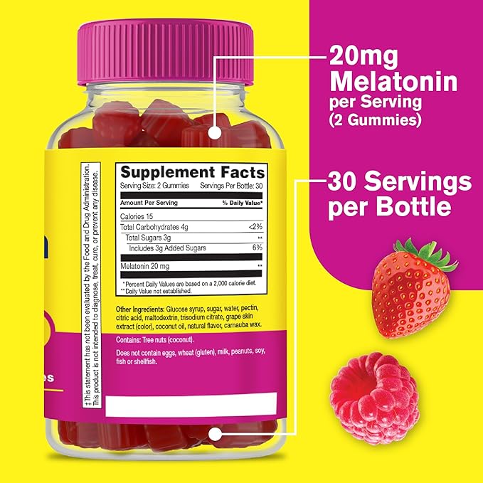 Melatonin Gummies 20mg (2 Pack) | Sleep Support | Maximum Strength Melatonin 20mg Gummies for Adults | Fast Dissolved | Great Berry Flavor | 60 Count | Vegan, Non GMO