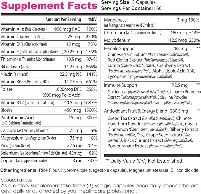 Women's Multivitamin Vitamin B12, A, C, D, & E - 180 Count - 60 Servings - Veggie Capsules