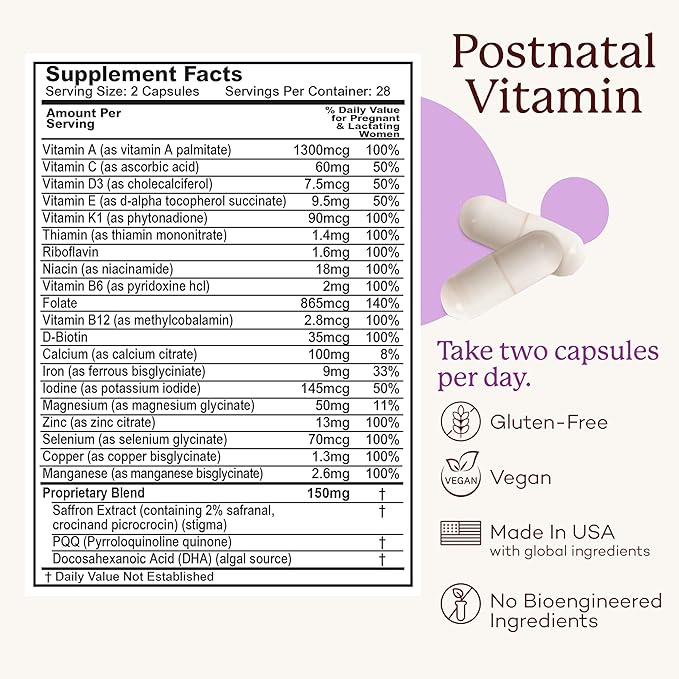 PREMAMA Postpartum Multivitamin with Vitamin B12 & Folate, Postnatal Support for Lactation and Breastfeeding, 28 Servings