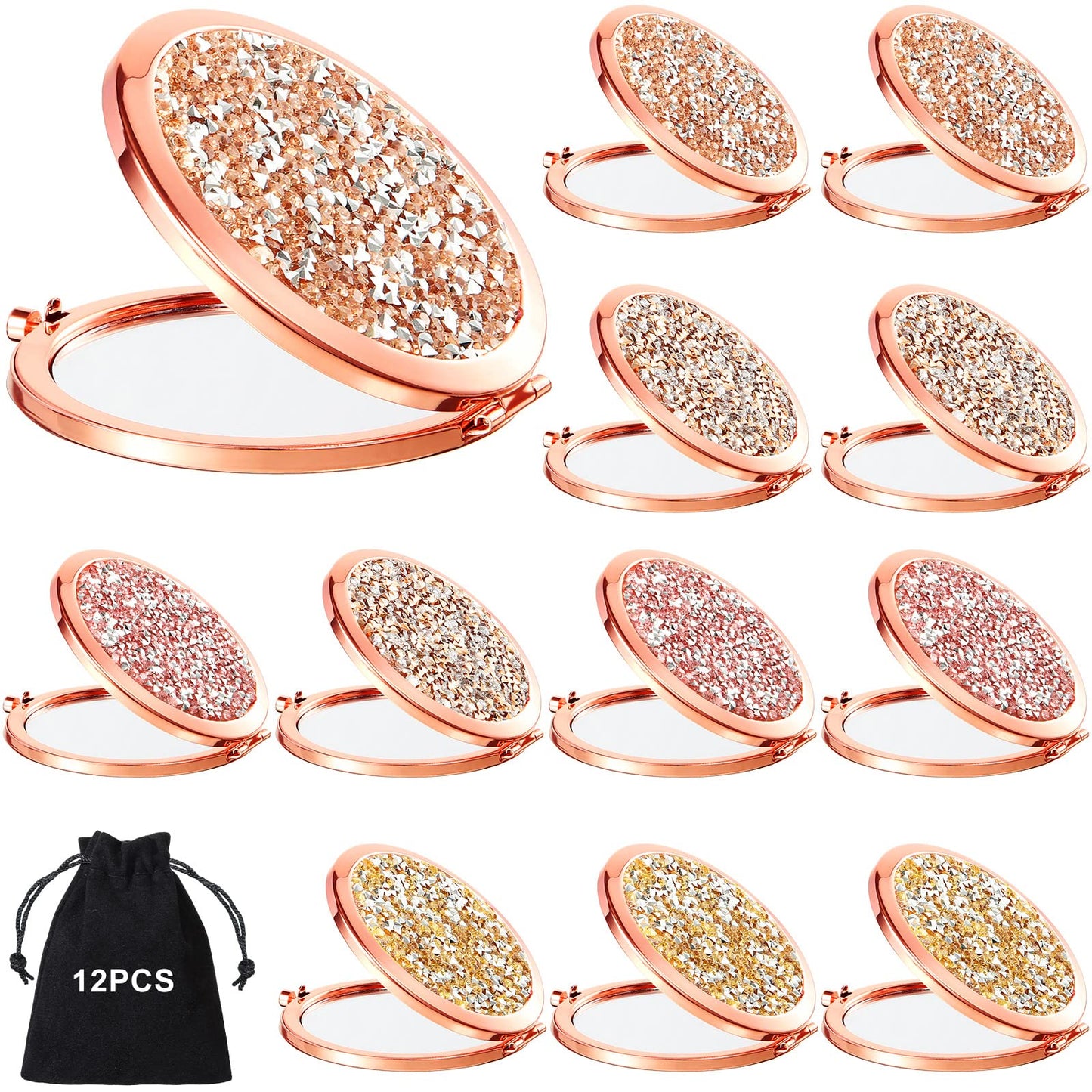 100 Pcs Small Compact Mirror Folding Pocket Makeup Mirror Round Hand Held Mirror Cosmetic Magnifying Compact Mirror Rhinestone M