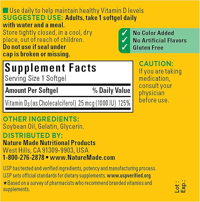 Nature Made Vitamin D3 1000 IU (25 mcg), Dietary Supplement for Bone, Teeth, Muscle and Immune Health Support, 100 Softgels, 100 Day Supply (Pack of 2)