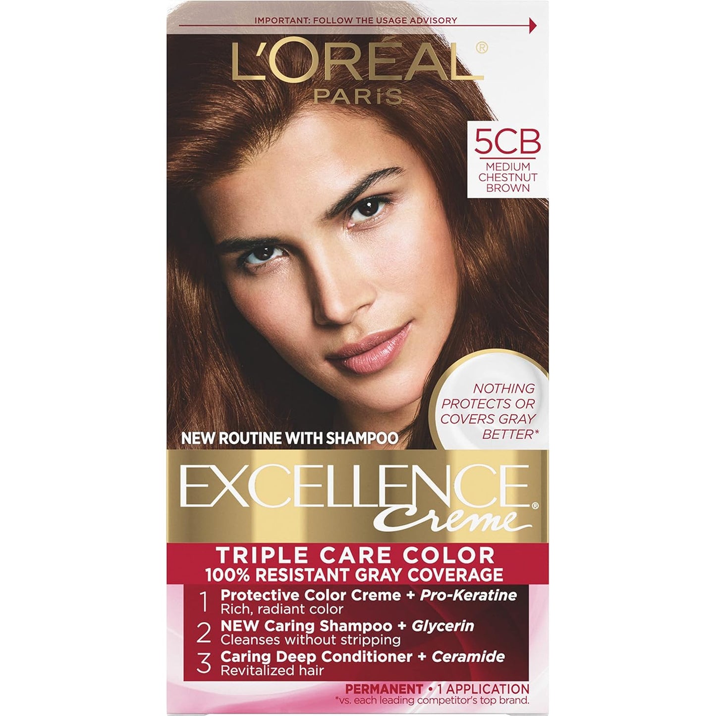L'Oreal Paris Excellence Crème Hair Color | 5 Medium Brown | 100% Gray Coverage | Pack of 3