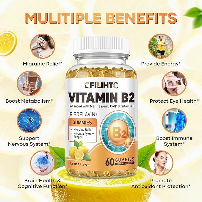 Vitamin B2 Gummies Riboflavin 400mg Supplement for Kids & Adults - Magnesium Glycinate, Zinc, CoQ10, Vitamin B12 - Migraine Relief & Energy, Nervous System Support, Sugar Free Lemon Flavor, 60ct