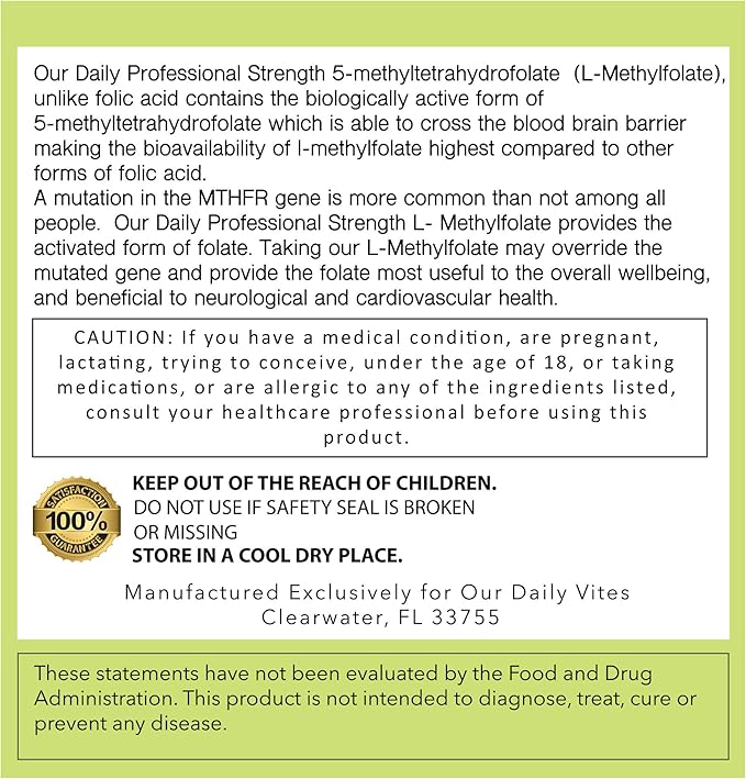 Our Daily Vites L-Methylfolate 7.5 mg / 7500 mcg Maximum Strength Active Folate, 5-MTHF, Filler Free, Gluten Free, Non-GMO, Vegetarian Capsules 90 Count (3 Month Supply) (90)