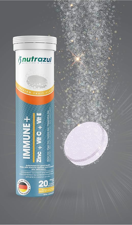 nutrazul Immune+ Effervescent Tablets | Vitamin C and Zinc with Vitamin E | 20 Tablets | Immune Support for Adults & Kids | Ideal for Flu Season Protection | Passion Fruit Flavor