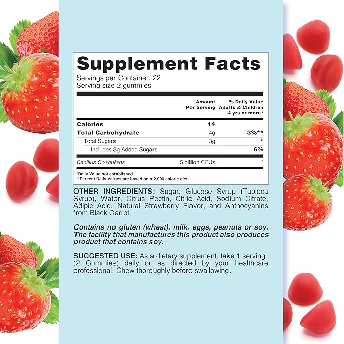 Probiotic Gummies for Women and Men | 5 Billion CFUS, Gummy Vitamin for Digestive Gut Health, No Artificial Flavors, Strawberry Flavor, 44 Count