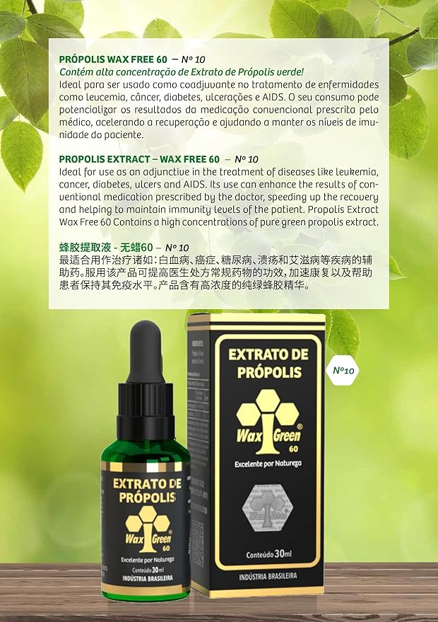 1 Box of 8 Bottles Wax Green Propolis Extract Brazilian N10 60% Wax Free Liquid (30ml / 1 fl oz)