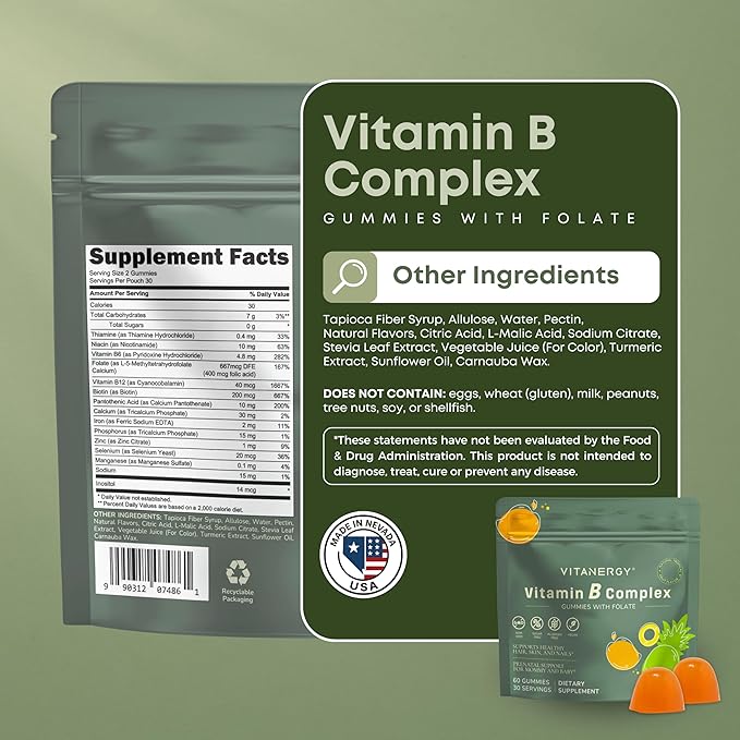 Tropical B Complex Gummies for Women – Sugar-Free, Vegan, Non-GMO – 7 B Vitamins + Iron, Energy & Immune Support – Portable Pouch, Made in USA, 60 Count