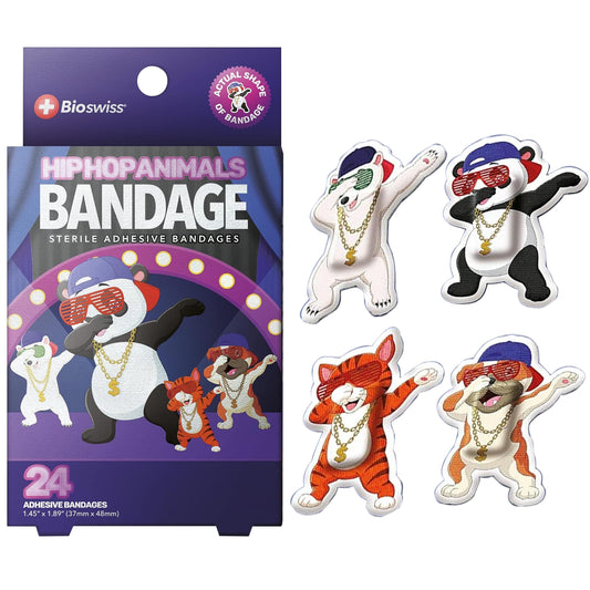 BioSwiss Bandages, Hip Hop Shaped Self Adhesive Bandage, Latex Free Sterile Wound Care, 24 Count