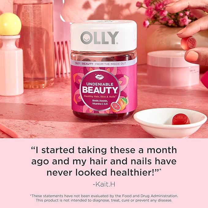 OLLY Undeniable Beauty Gummy, For Hair, Skin, Nails, Biotin, Vitamin C, Keratin, Chewable Supplement, Grapefruit, 30 Day Supply - 60 Count