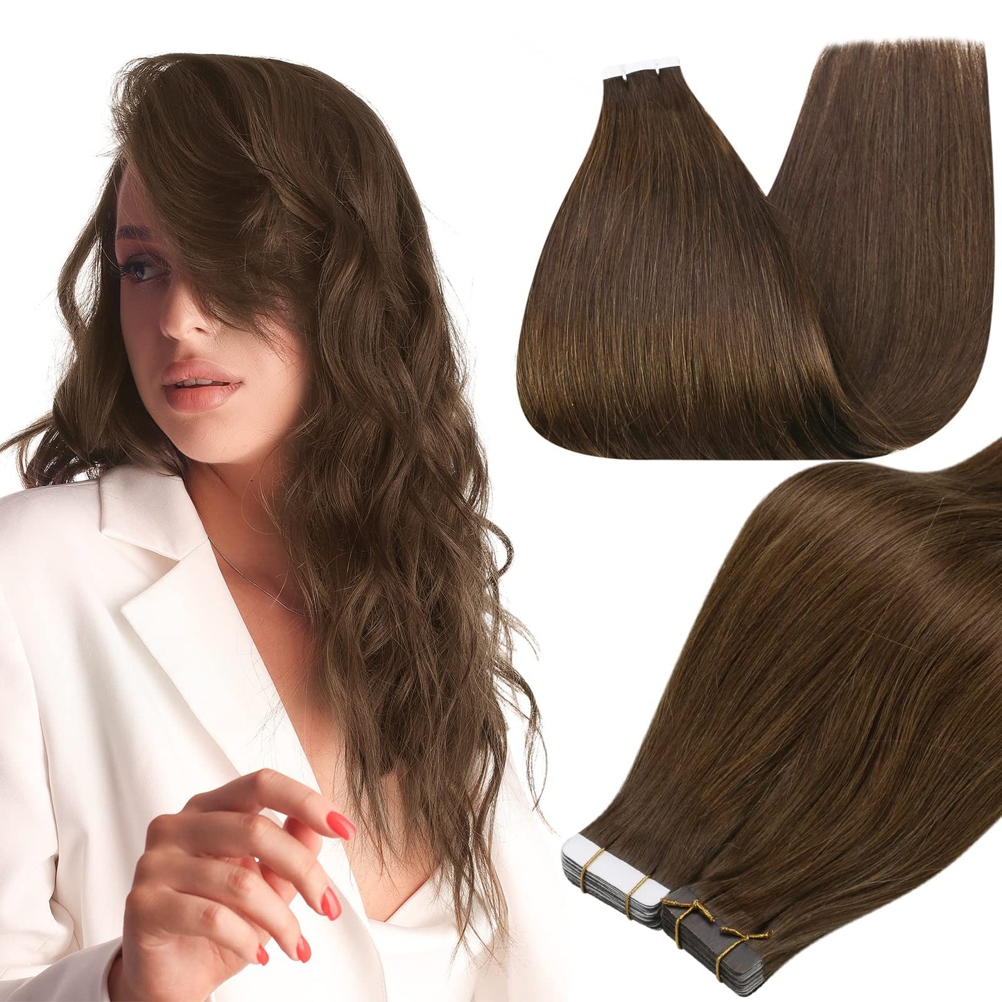 Full Shine 16 Inch Tape In Human Hair Extensions Medium Brown Color 4 Skin Weft Double Side 50 Gram Seamless Skin Weft Straight