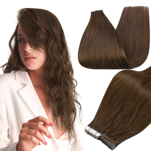 Full Shine 16 Inch Tape In Human Hair Extensions Medium Brown Color 4 Skin Weft Double Side 50 Gram Seamless Skin Weft Straight