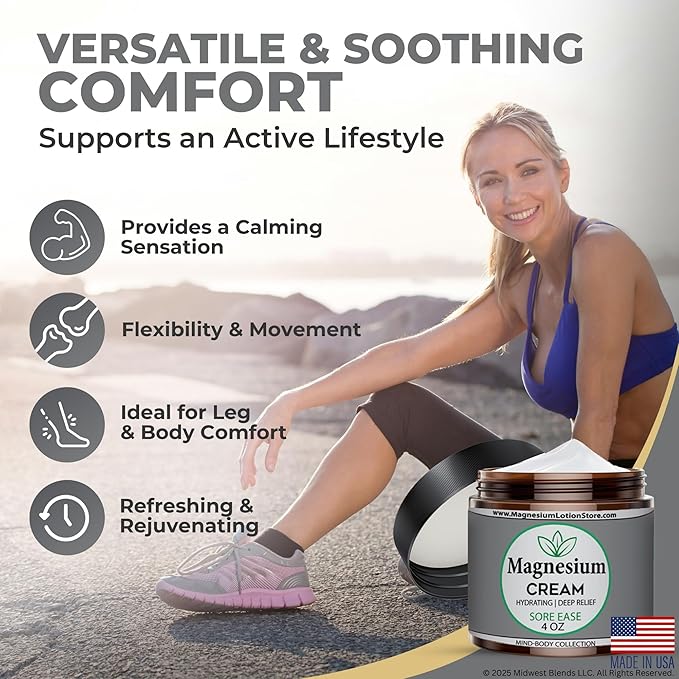 Magnesium Cream with Sore Ease Essential Oil Scent – Hydrating & Comforting Aroma, 4 oz USA Made