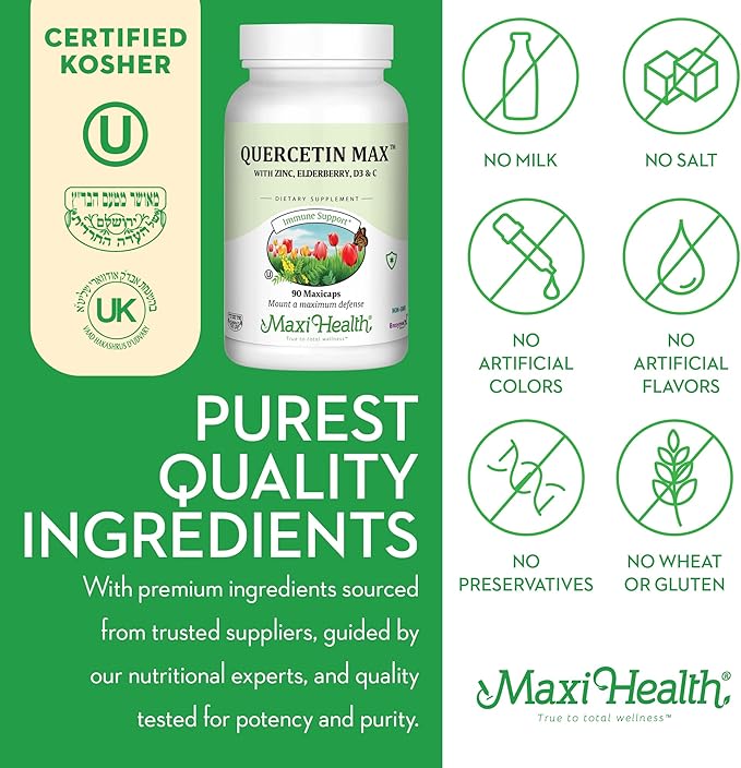 Maxi Health Quercetin 500mg with Zinc 30mg, Vitamin C 1000mg, Vitamin D 2500 IU, Elderberry 125mg - Vegetarian Health Supplement for Adults Kosher Certified - 90 Veggie Capsules