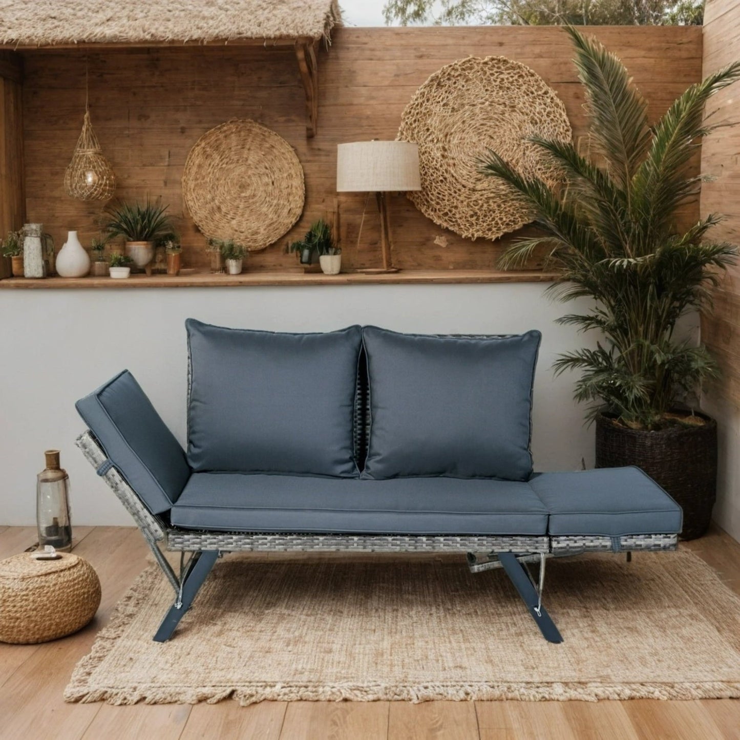 Patio Seating 1 PCS Patio Wicker Side Foldable Bench Patio Backyard Conversation Bench Grey Wicker + Dark Grey Cushion,Outdoor Seating