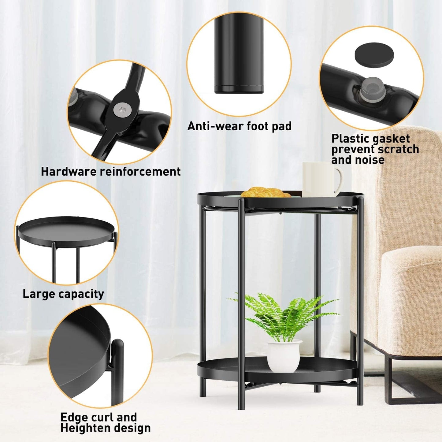 Yesker Side Table, End Table Metal Small Table Indoor Outdoor & Snack Bedside Table Sofa Side Snack Table Accent Coffee Table Living Room Bedroom Balcony 2 Layer