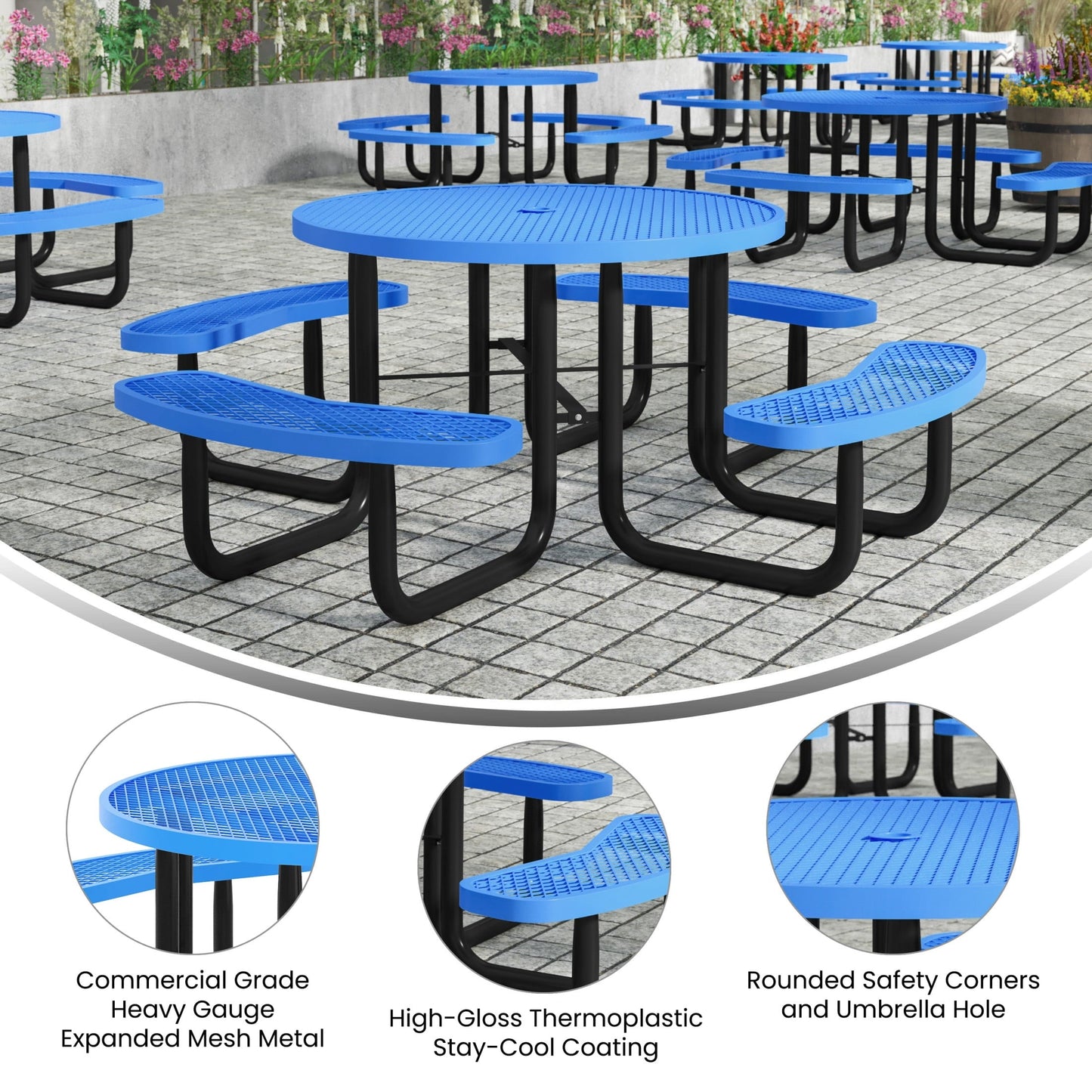 Flash Furniture 46" Round Outdoor Picnic Table with Commercial Heavy Gauge Expanded Metal Mesh Seats and Top with Umbrella Hole, Steel Frame, Blue