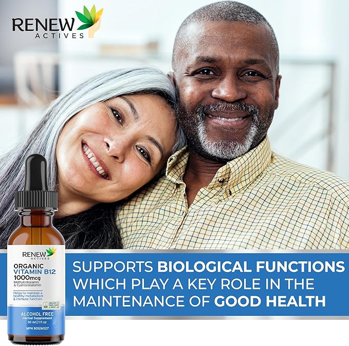Renew Actives Premium B12 Liquid Extract Supplement 1000MCG per 1 ml – Vegan Drops with High-Potency Complex for Healthy Skin, Strong Nails, Vibrant Hair & Immune Support– Made in Canada - 30 ml