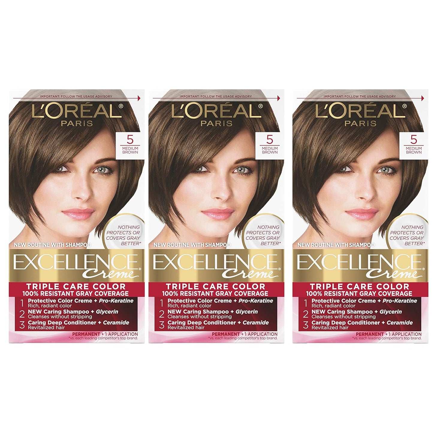 L'Oreal Paris Excellence Crème Hair Color | 5 Medium Brown | 100% Gray Coverage | Pack of 3