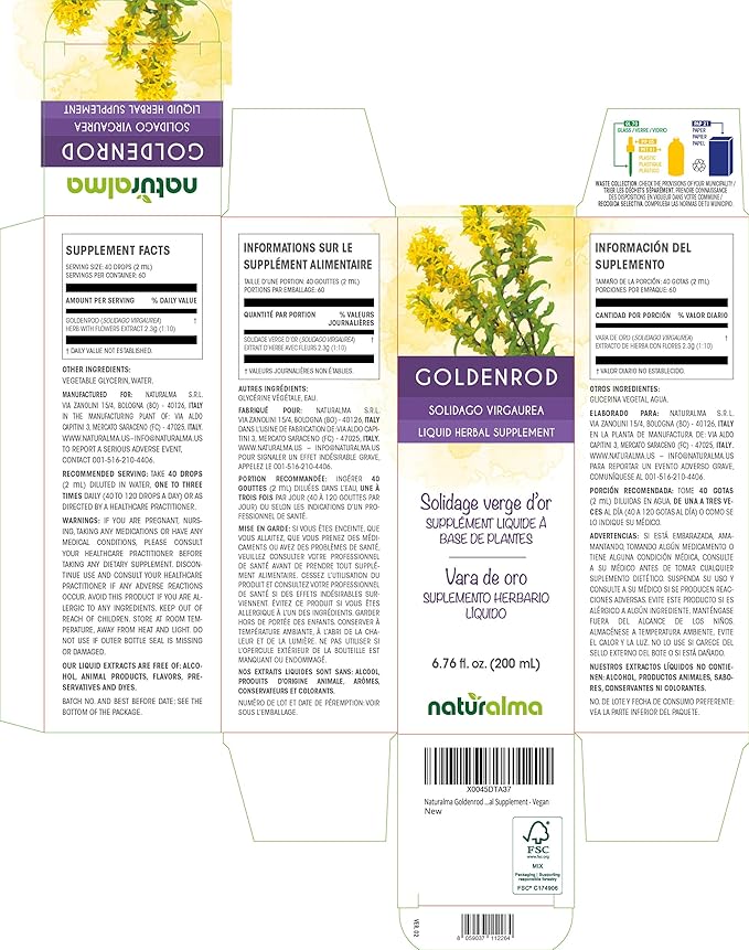 Naturalma Goldenrod (Solidago virgaurea) herb with Flowers Alcohol-Free Tincture - 6.76 fl oz Liquid Extract in Drops - Herbal Supplement - Vegan